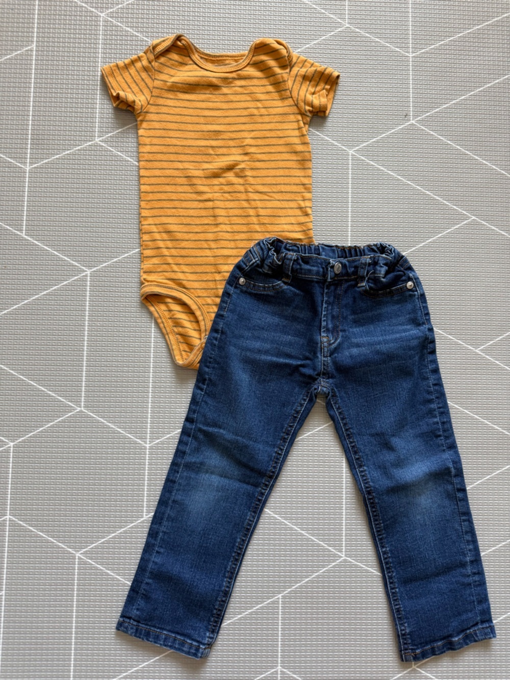 Carters|Baby boy/toddler set,Mustard Yellow Striped Onesie & Dark Blue Jeans•24M